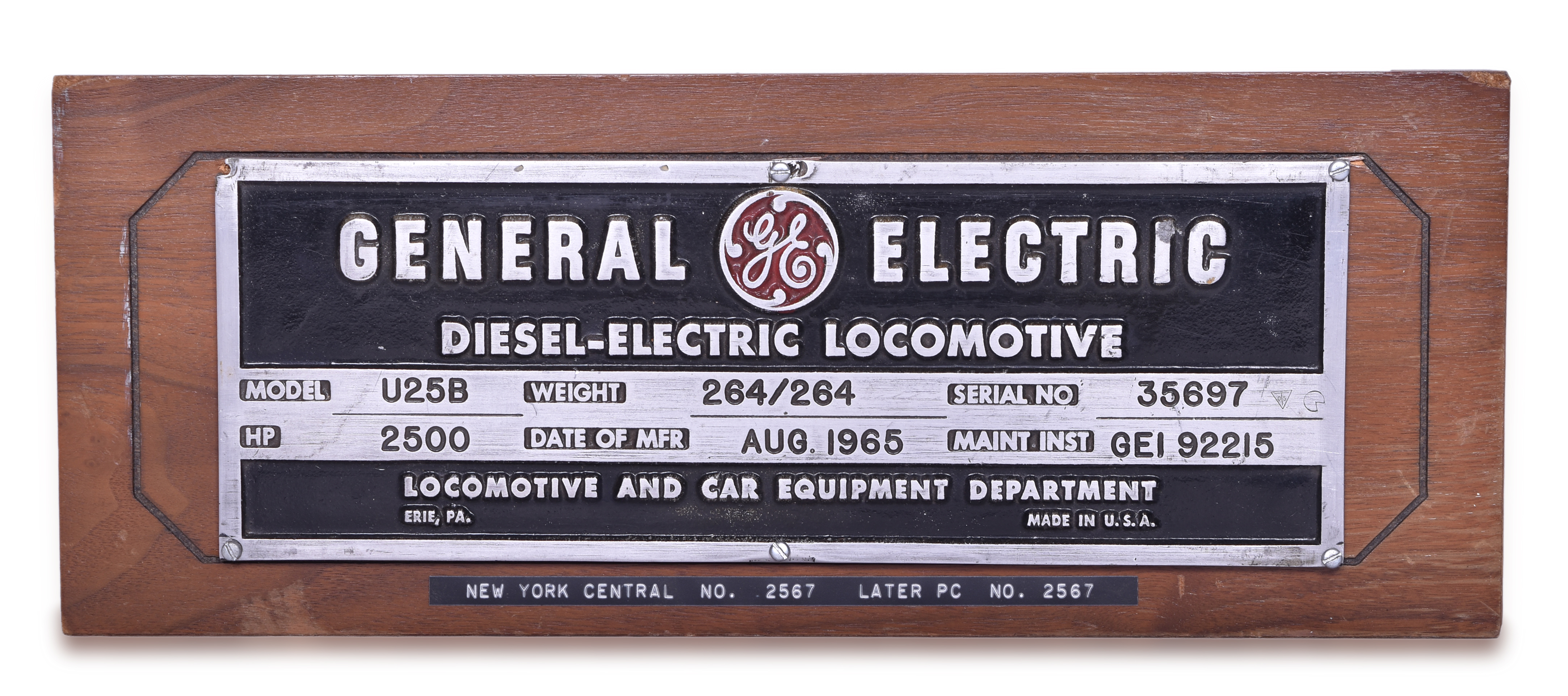 1546 - General Electric New York Central U25B Diesel Locomotive Builders Plate thumbnail