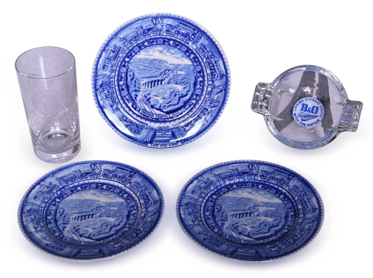 1569 - Five Pieces of Baltimore & Ohio Railroad Centenary China Plates, Drinking Glass, and Glass Ash Tray thumbnail