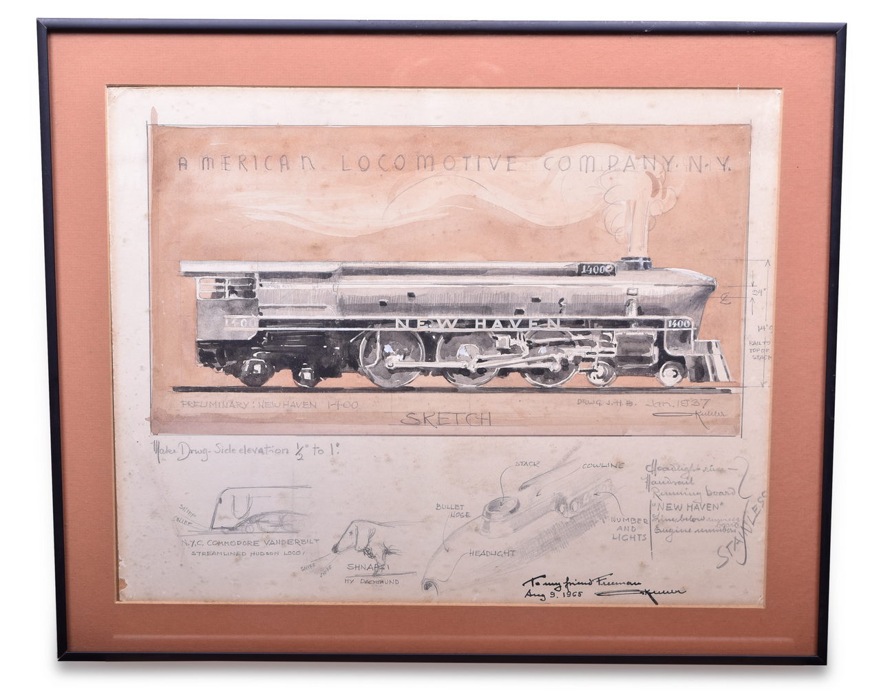 1602 - Incredible Otto Kuhler Alco New Haven 1400 / I-5 Steam Locomotive Proposal Sketch w/ Remarque thumbnail