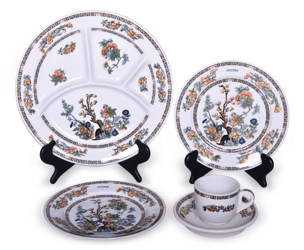 1605 - Five Pieces of Pullman and Unmarked Indian Tree China - Plates, Grill Plate, Coffee Cup, and Saucer thumbnail