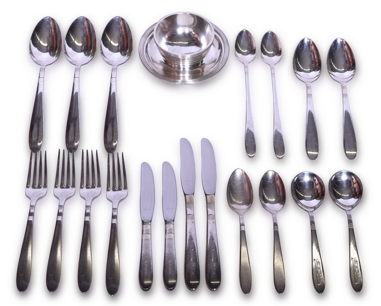 1609 - Twenty Pieces of Union Pacific Railroad Silver Dining Car Finger Bowl w/ Underliner and Flatware thumbnail