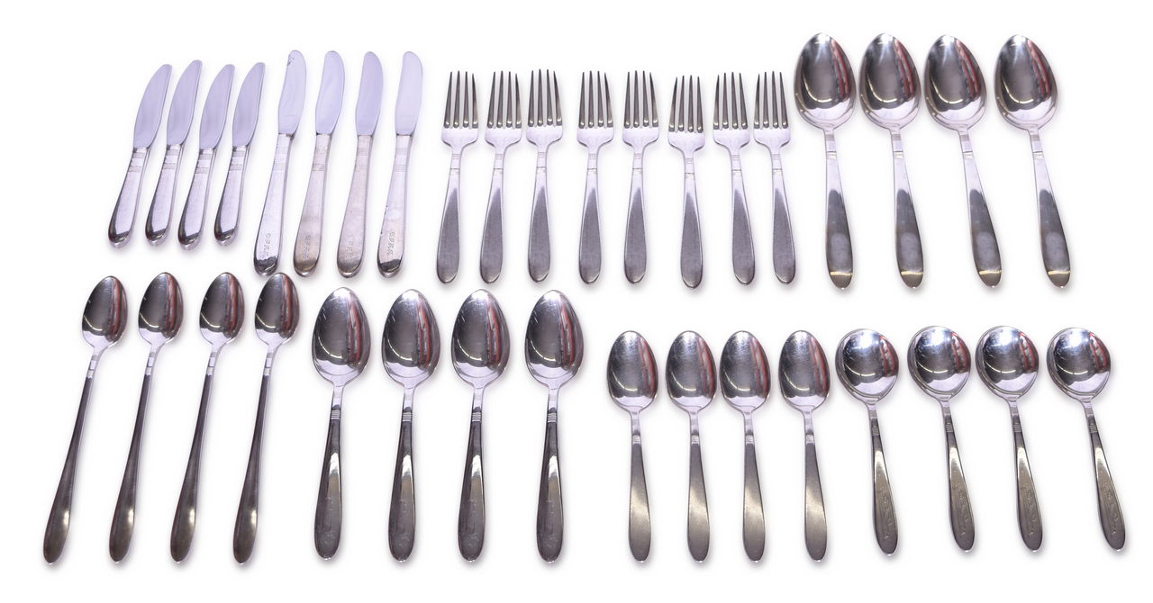 1613 - Thirty-Six Pieces of Union Pacific Railroad Silver Zephyr Flatware - Teaspoons, Tablespoons, Forks, Knives, and More thumbnail