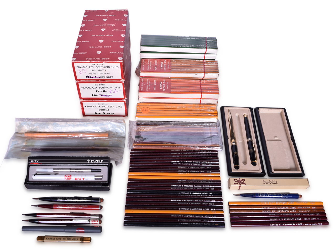 1636 - Large Collection of Kansas City Southern Railroad Pencils, Mechanical Pencils, KCS Pocket Pencil, Pens, and Letter Opener thumbnail