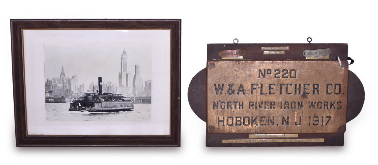 1640 - W&A Fletcher Brass Steam Engine / Ferry Boat Builders Plate, Cap Badges, and Photo thumbnail