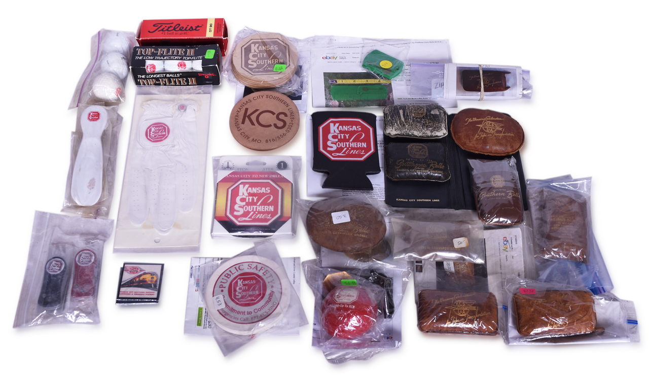 1667 - Thirty-Three Kansas City Southern Railway Promotional Items - Golf Balls, Leather Glove, Bean Bags, Coasters, and More thumbnail