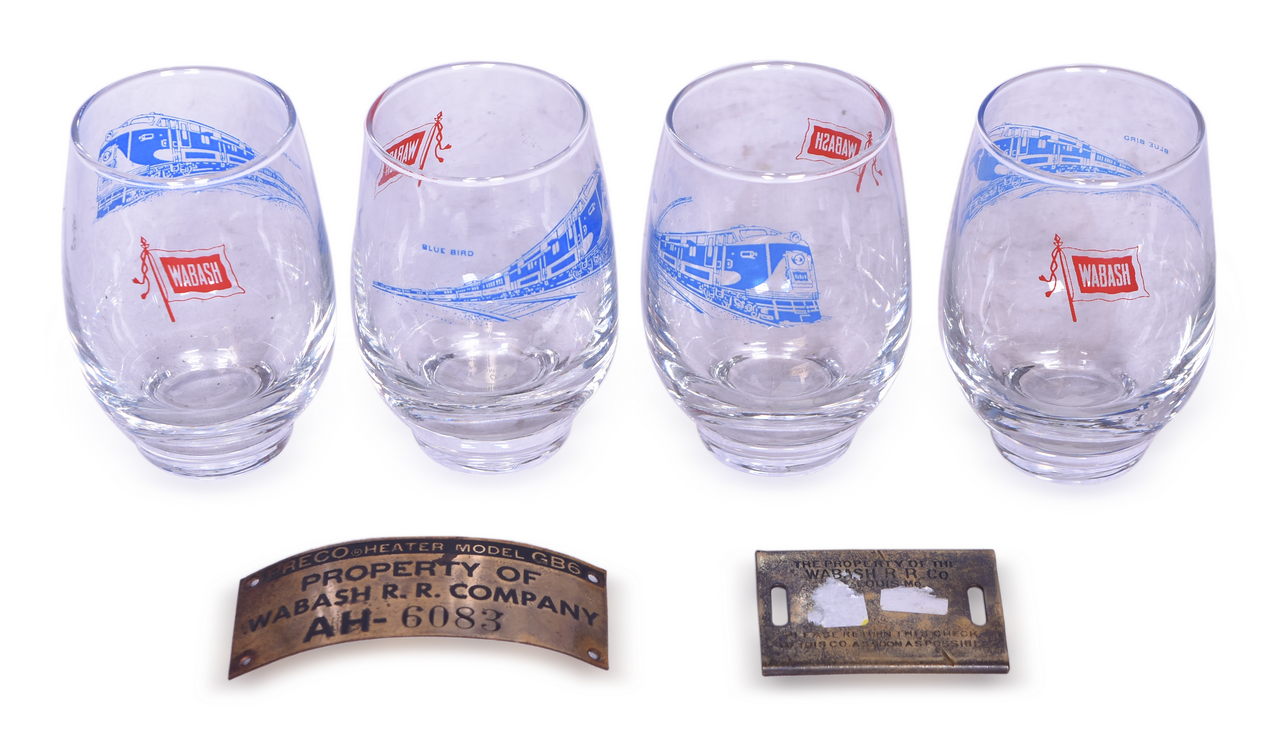 1668 - Set of Four Wabash Railroad Blue Bird Diesel Drinking Glasses, Brass Luggage Tag, and ID Plate thumbnail
