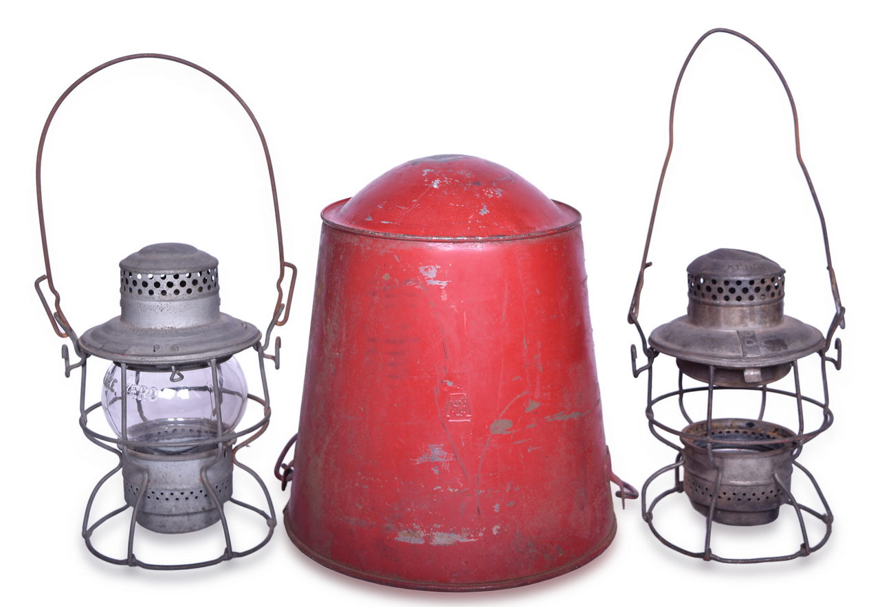 1680 - Pennsylvania Railroad Fire Bucket, Adlake Kero Lantern, and Unmarked Adlake Kero Lantern thumbnail