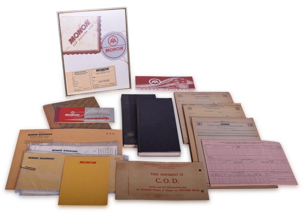 1682 - Small Assortment of Monon Railroad Paper Ephemera - Report Books, Train Order Forms, Envelopes, Napkin, and More thumbnail