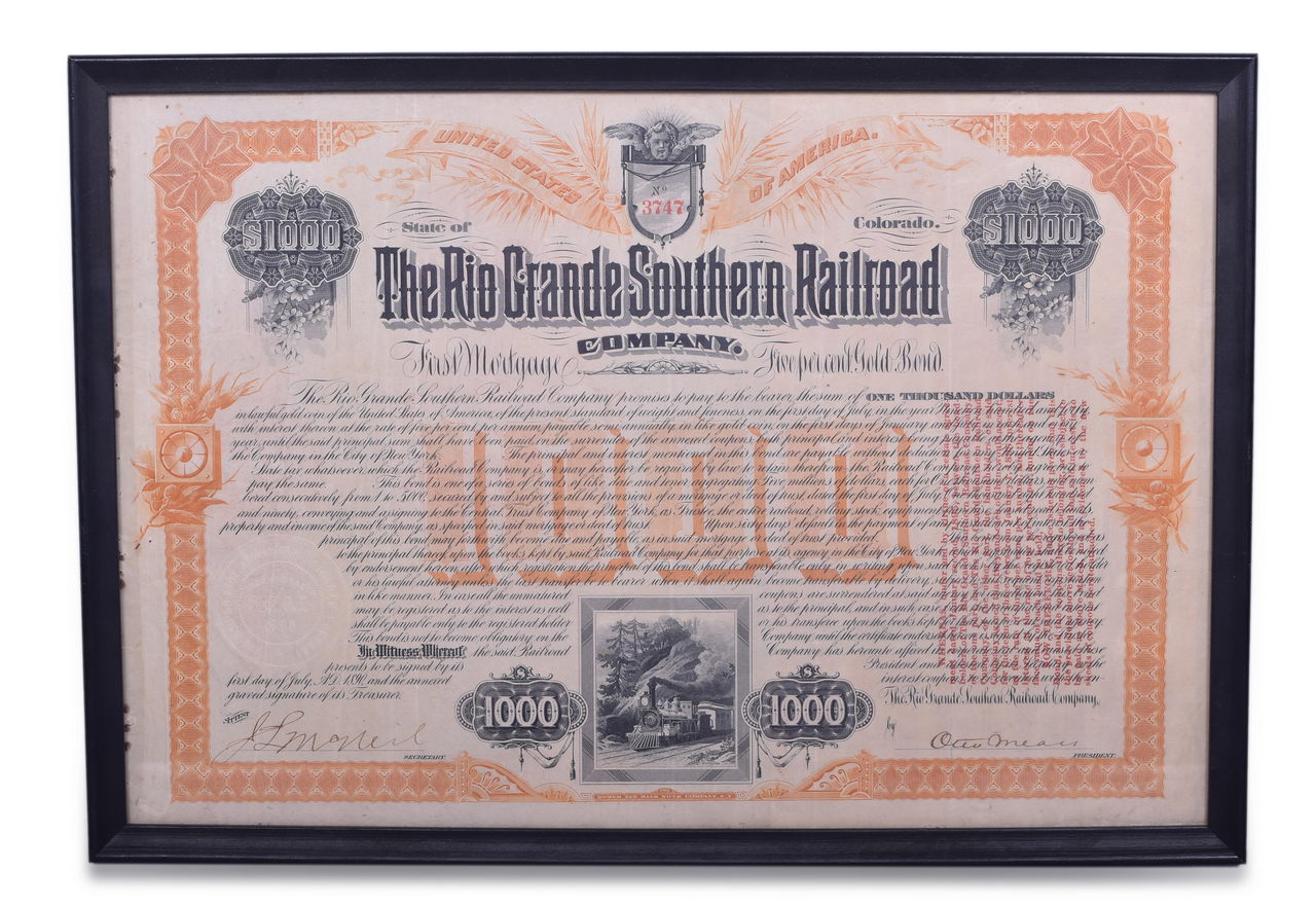 1690 - 1890 Rio Grande Southern Railroad Bond Signed by Otto Mears thumbnail
