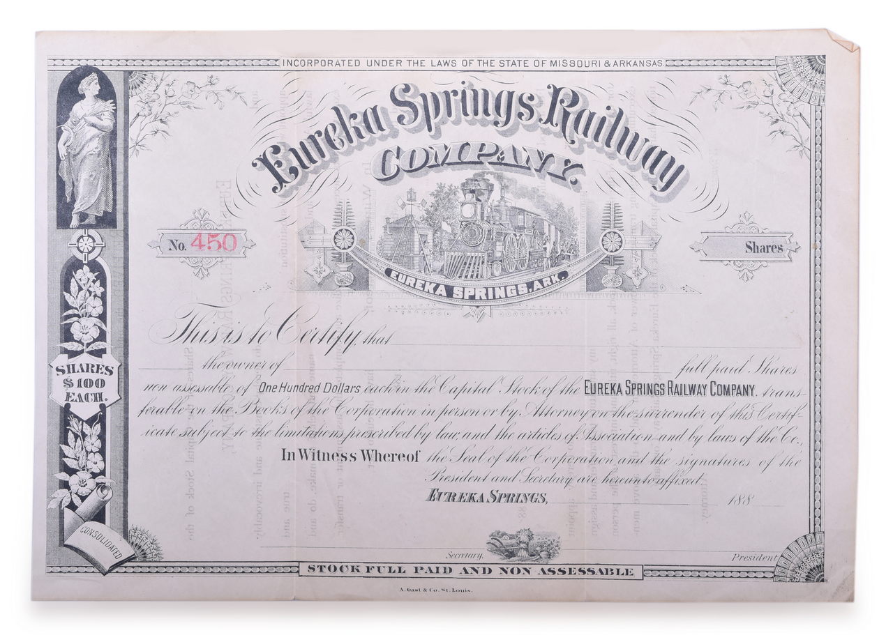 1692 - 1880 Eureka Springs Railway Unissued Stock Certificate thumbnail