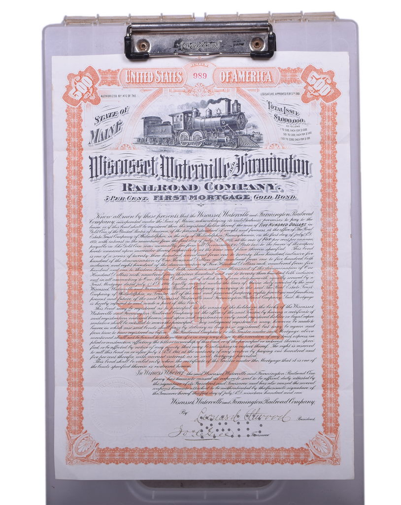 1694 - 1901 Wiscasset, Waterville & Farmington Railroad Mortgage Bond Certificate thumbnail