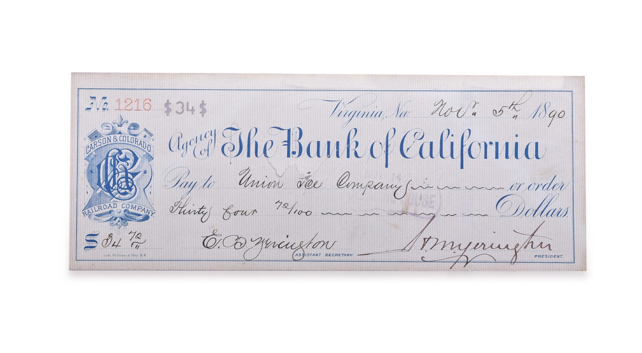 1696 - Carson & Colorado Railroad Check to Union Ice Company Signed by Henry Yerington thumbnail