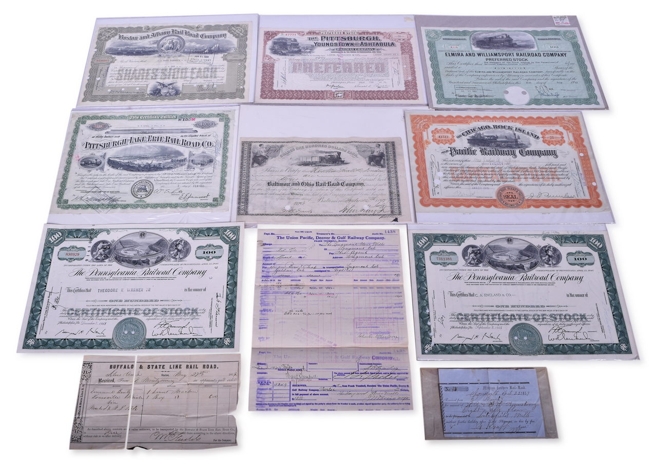 1698 - Eleven Railroad Stock Certificates and Way-Bill Receipts - Baltimore & Ohio, Michigan Southern, Buffalo & State Line, and More thumbnail