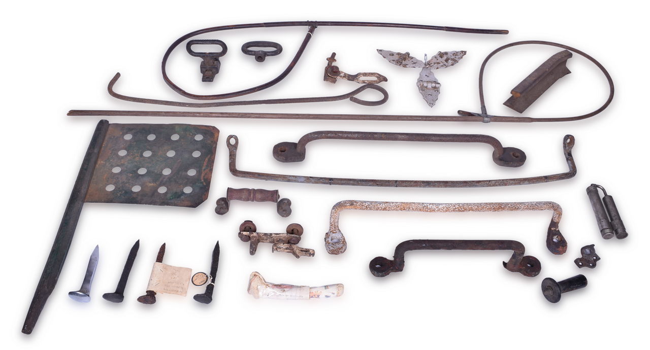 2068 - Railroad Hardware Lot- Steel Locomotive Flag, Train Order Hoops, Coach Latches, and More thumbnail
