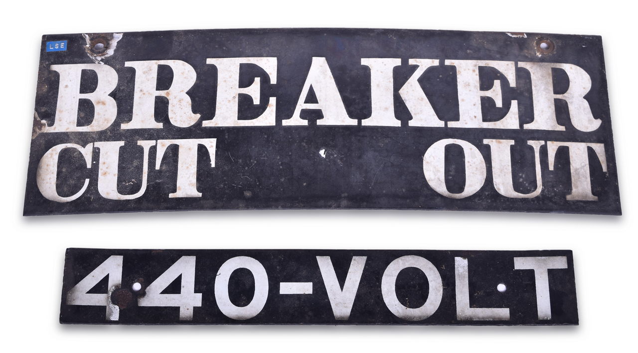 2070 - 440 Volt and Breaker Cut Out Porcelain Interurban Railway Signs thumbnail
