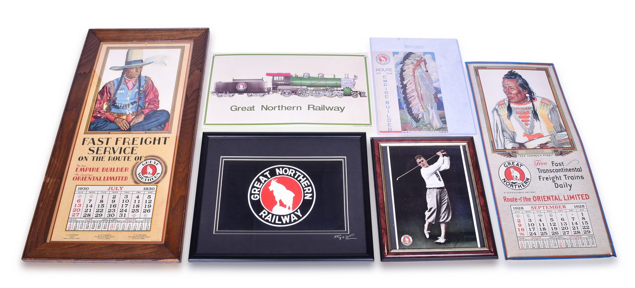 2090 - Great Northern Wall Hanging Lot - 1941 Empire Builder Menu, 1930 Framed Calendar Sheet, Tin Signs, etc. thumbnail