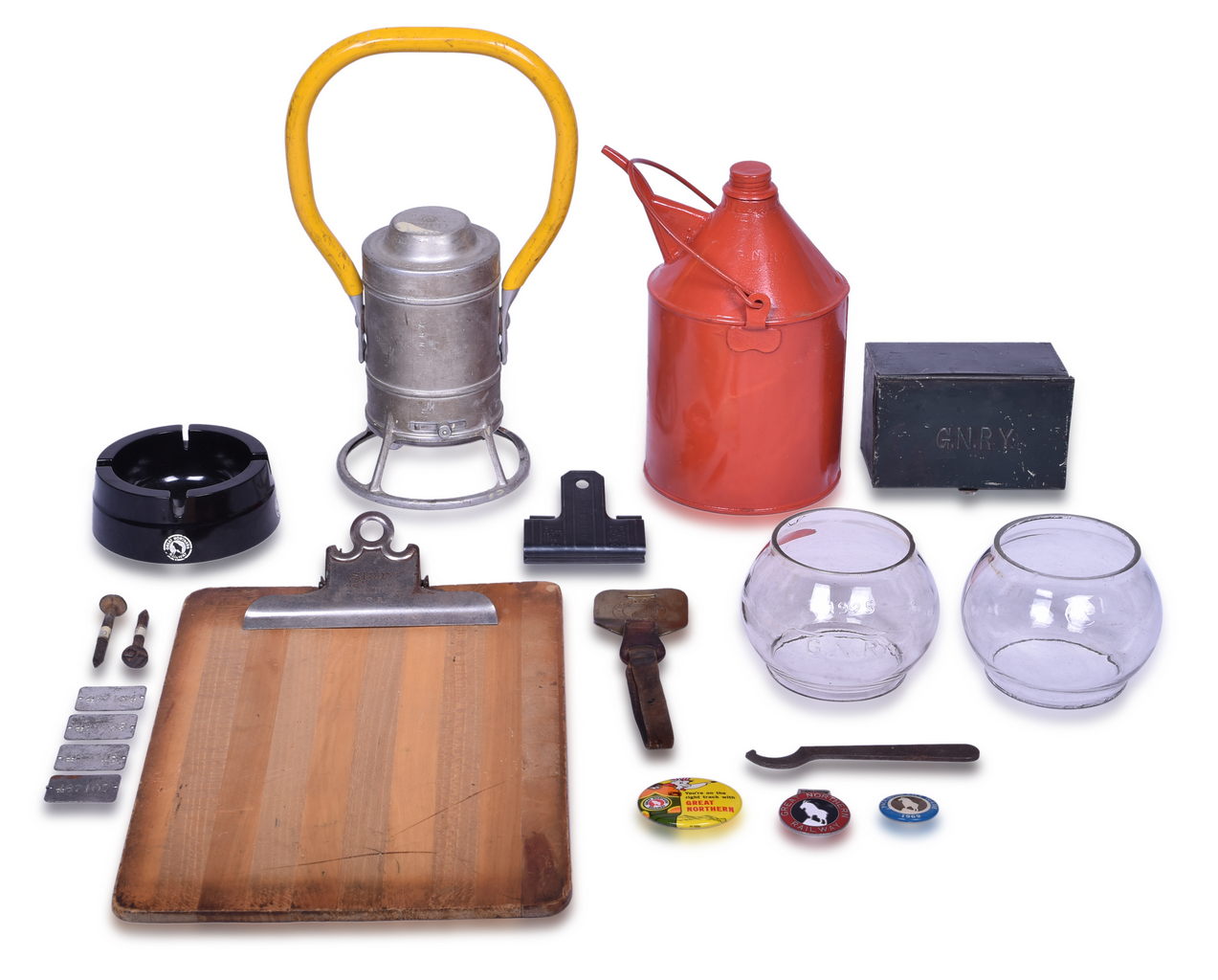 2102 - Great Northern and Northern Pacific Smalls- Short Lantern Globes, Kerosene Can, Tin Box , Pins, Ashtray, and Adlake Lantern thumbnail