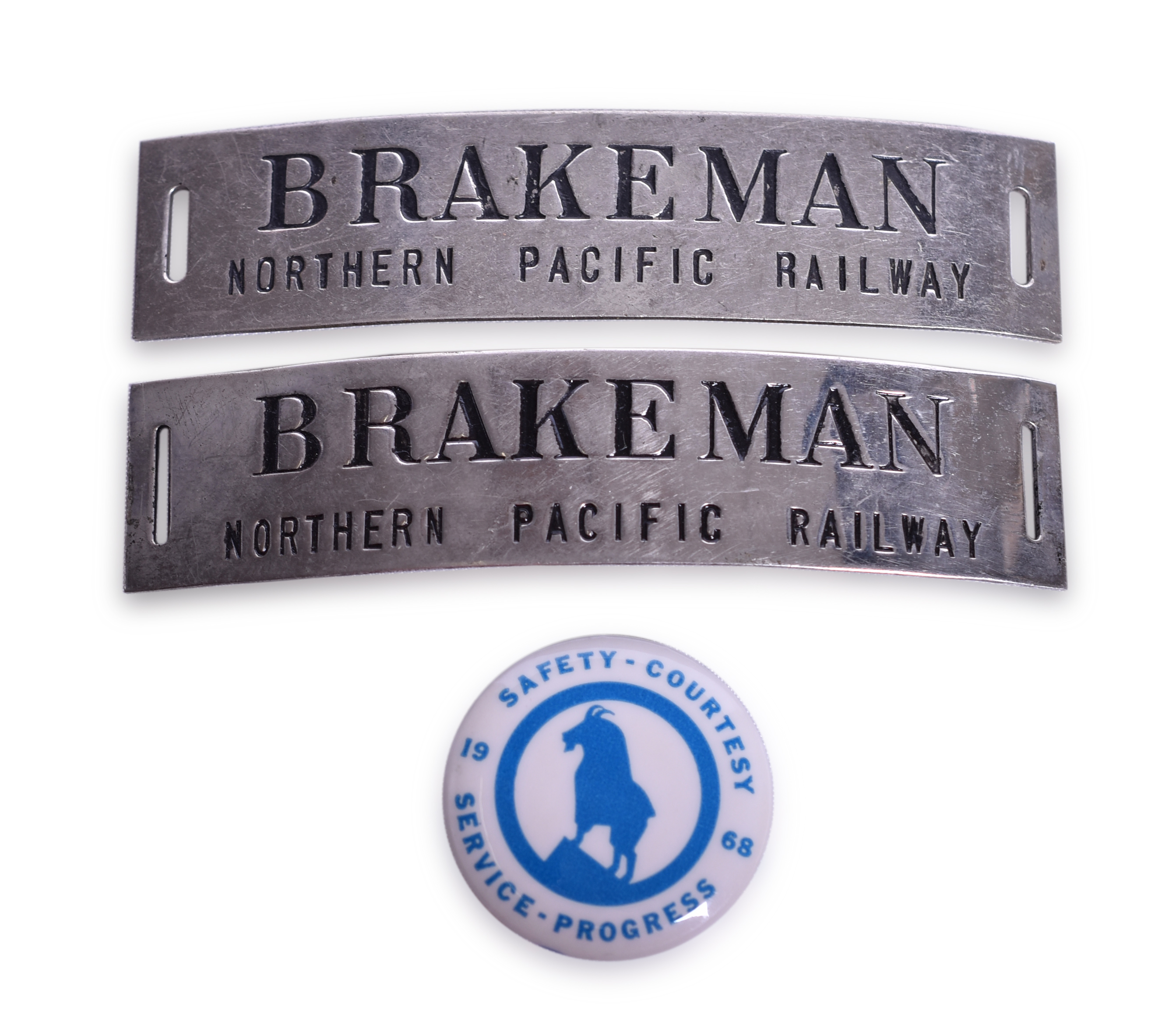 2113 - Two Northern Pacific Railway Brakeman Cap Badges and Great Northern 1968 Safety Button thumbnail