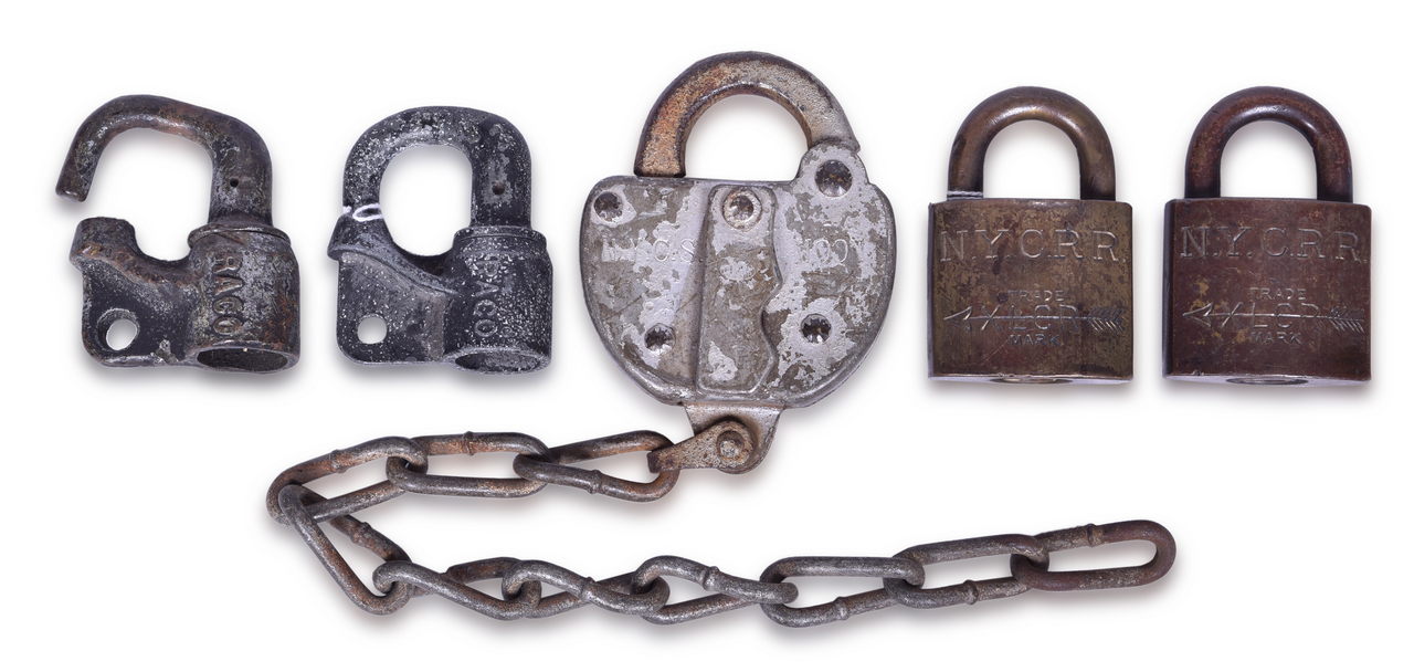 2116 - Five New York Central Railroad Locks - Brass Corbin, RACO, Moon thumbnail