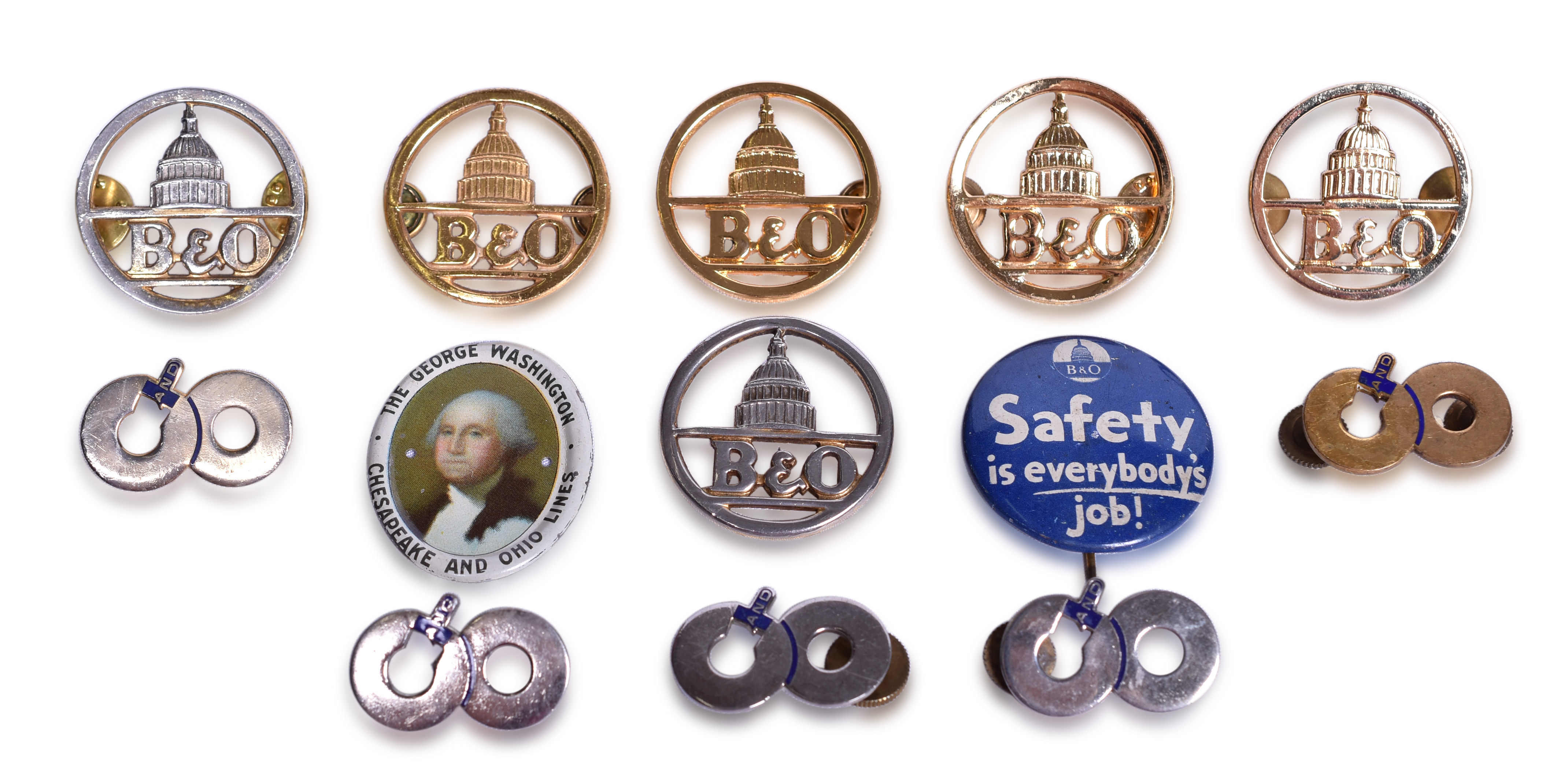 2119 - Group of Railroad Lapel Pins, Lithograph Tin Button, and Safety Button - Baltimore & Ohio and Chesapeake & Ohio thumbnail