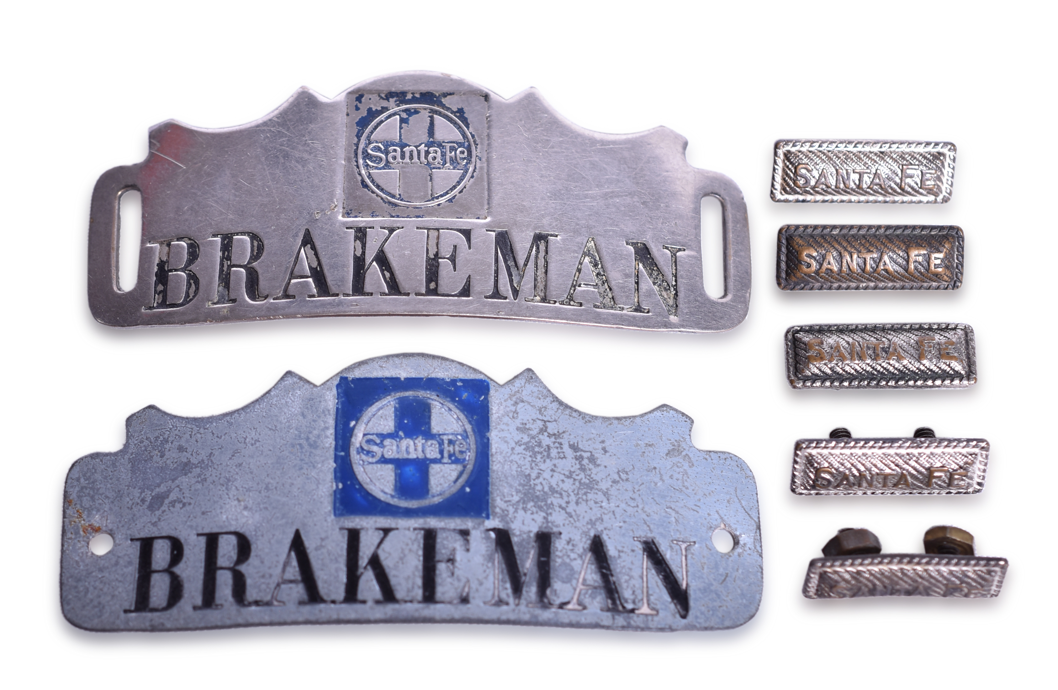 2121 - Two Santa Fe Railroad Nickel Brakeman Cap Badges and Five Bar Lapel Pins thumbnail