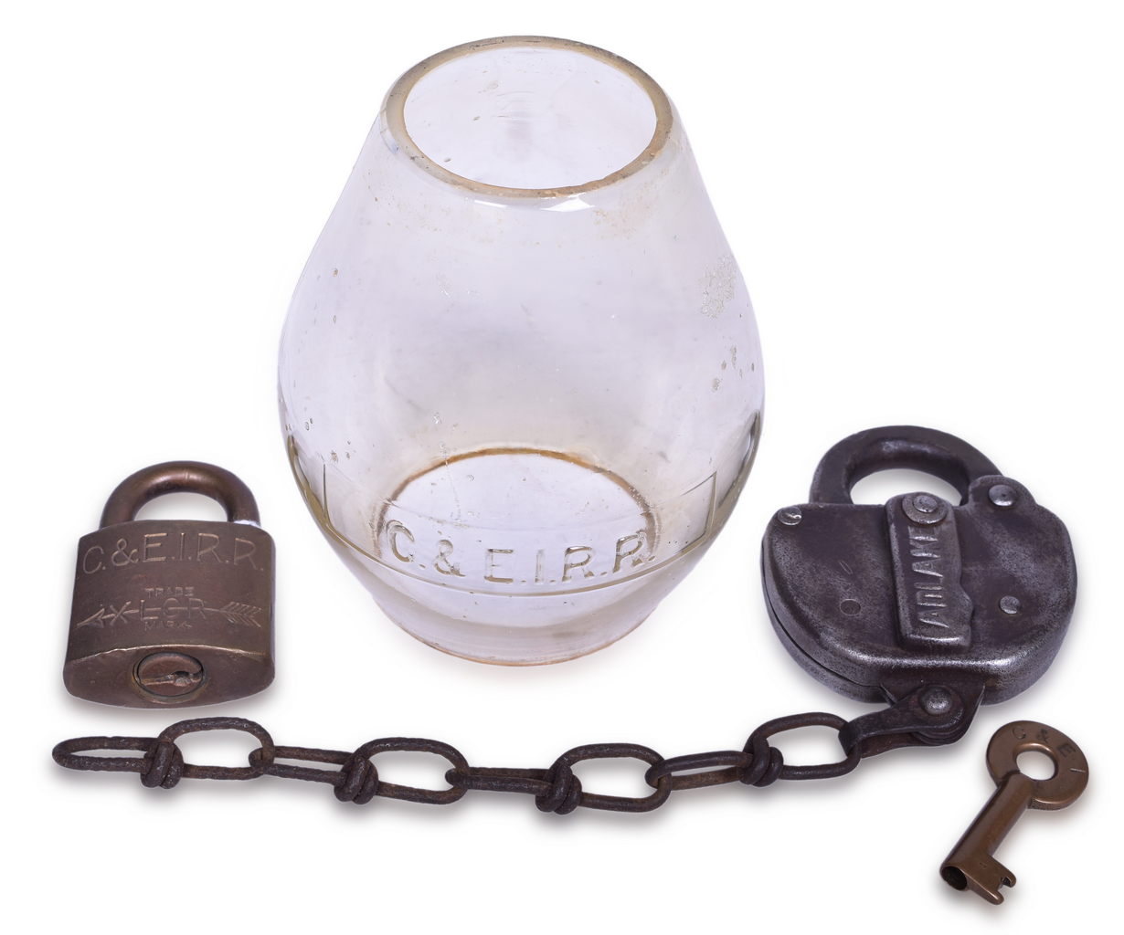 2124 - Chicago & Eastern Illinois Railroad - Lantern Globe, Brass Lock, Steel Lock & Key thumbnail