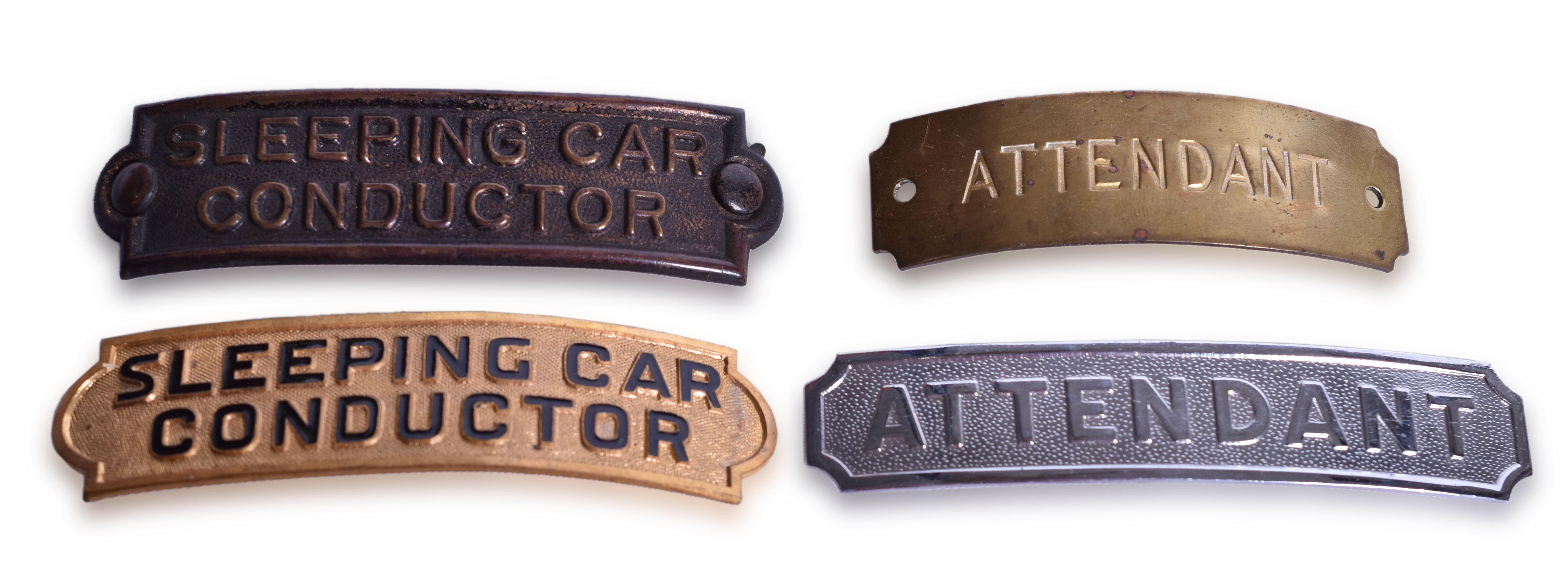 2131 - Four Railroad Sleeping Car Conductor and Attendant Cap Badges thumbnail