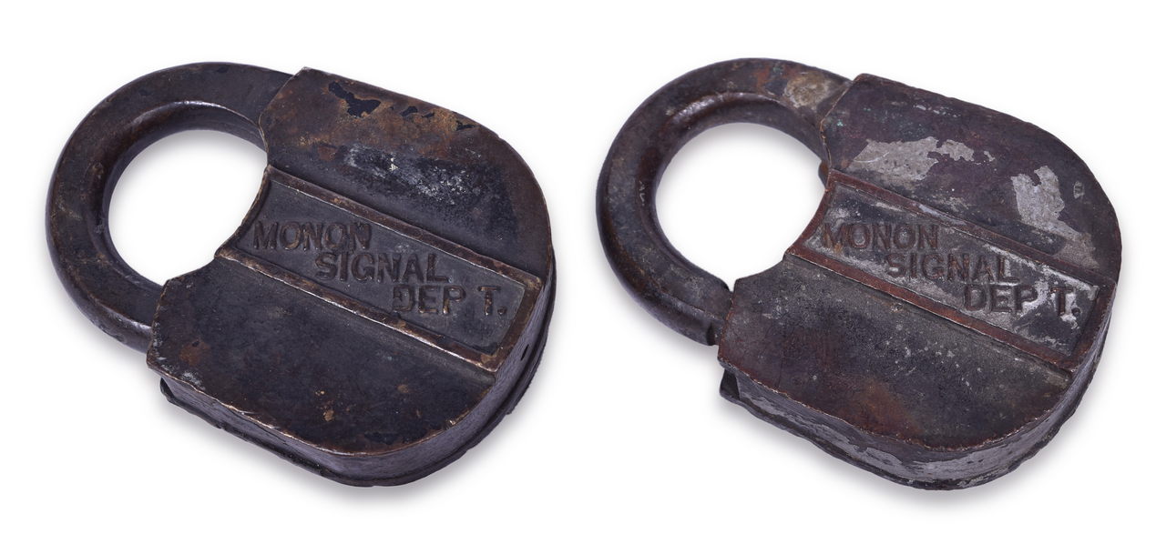 2134 - Pair of Monon Railroad Signal Department Brass Locks thumbnail