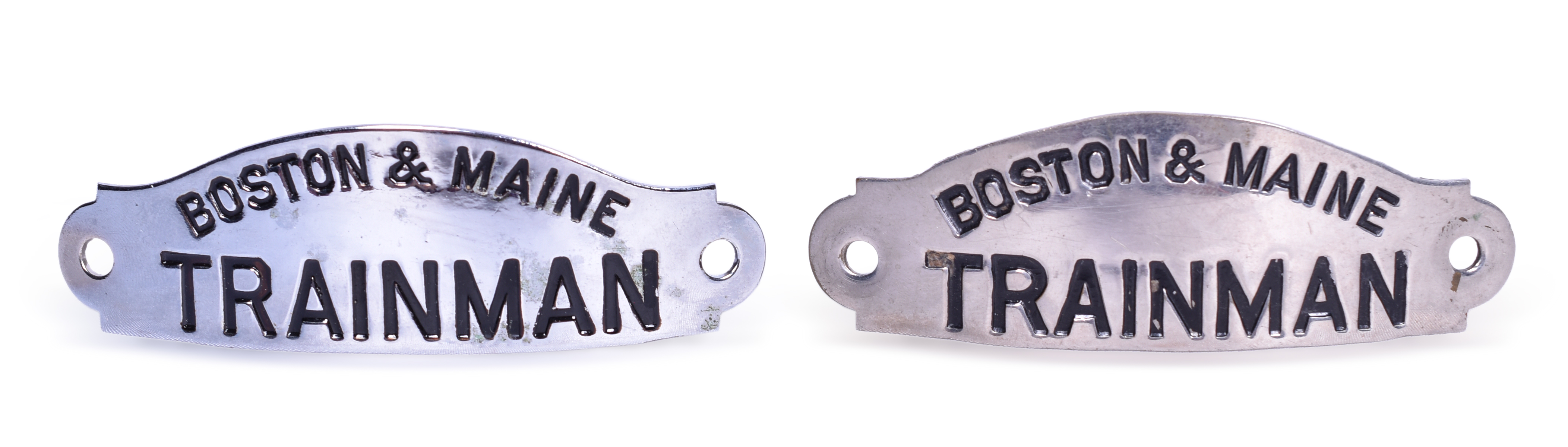 2137 - Pair of Boston & Maine Railroad Trainman Nickel Cap Badges thumbnail