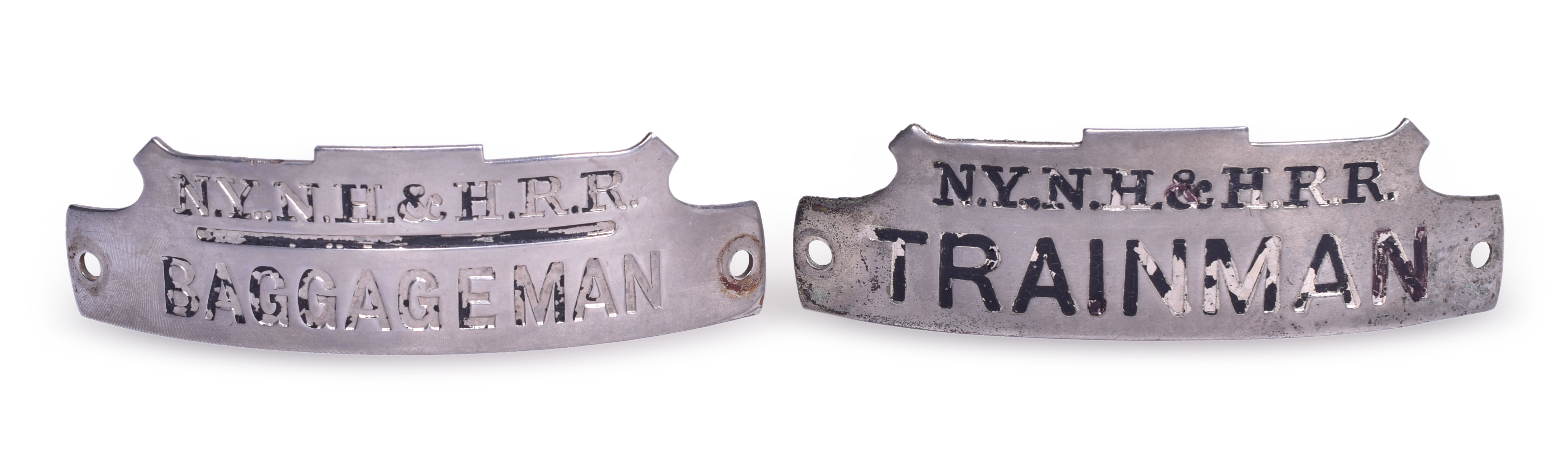 2145 - Pair of New York, New Haven & Hartford Railroad Cap Badges - Trainman and Baggageman thumbnail