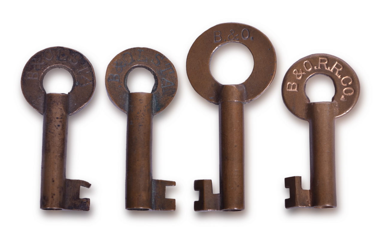 2146 - Four Baltimore and Ohio Railroad Brass Keys - Local Station, F-S, Slaymaker thumbnail