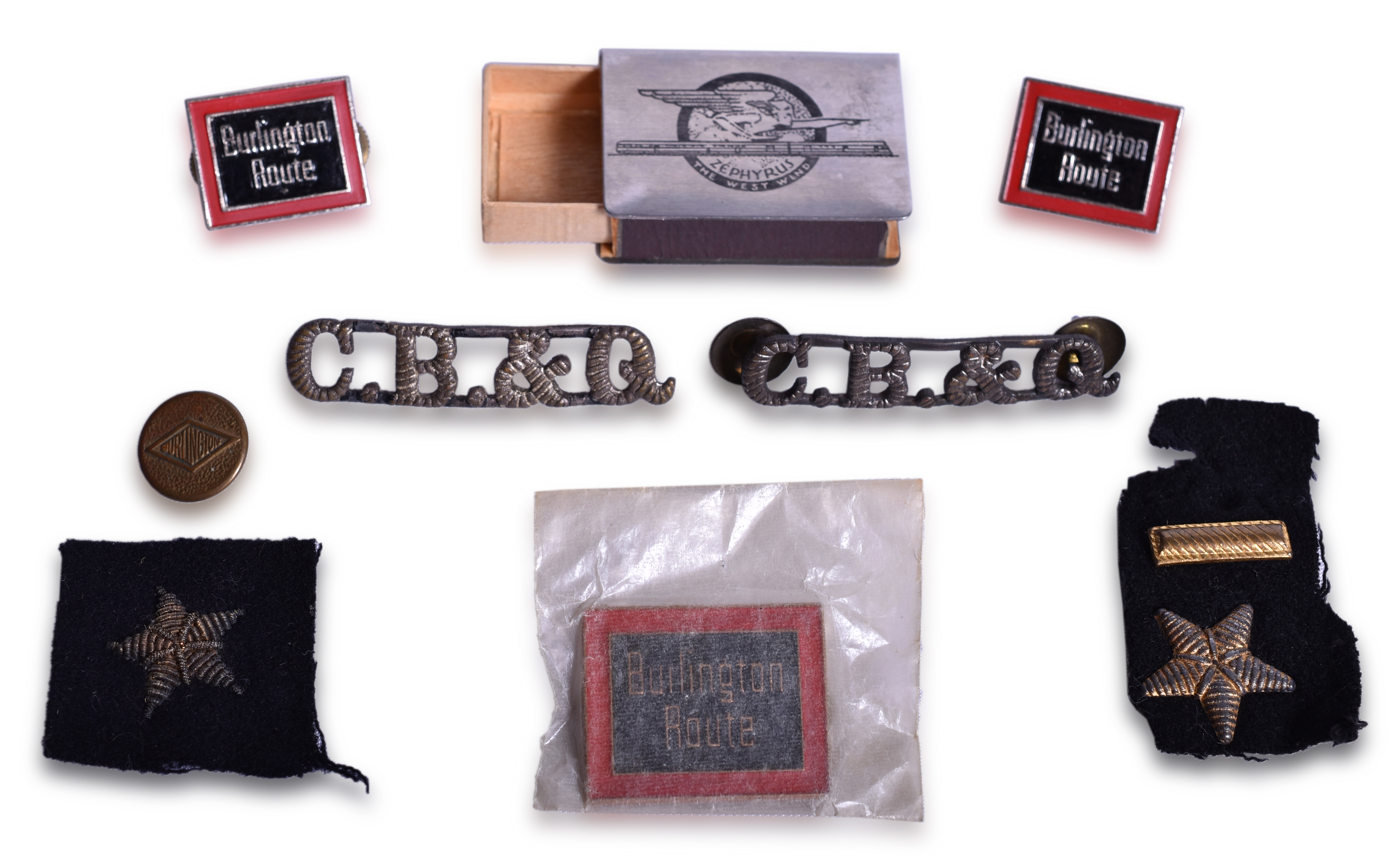 2149 - Chicago, Burlington & Quincy Railroad Uniform Pins, Button, Star Patch, Bar, and Zephyrus Match Box Cover thumbnail