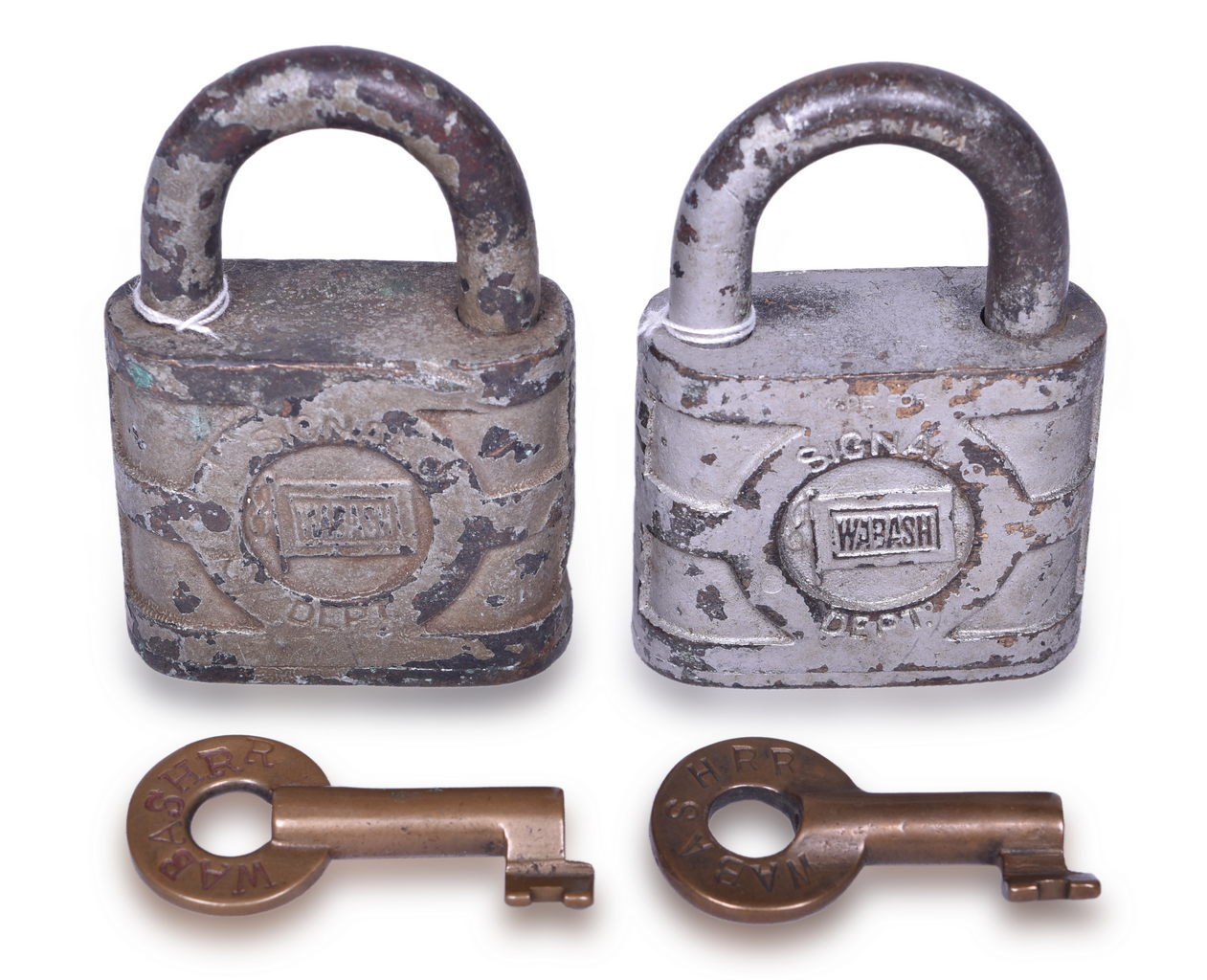2150 - Pair of Wabash Railroad Brass Yale Signal Locks and Two Keys - One Serif Font thumbnail