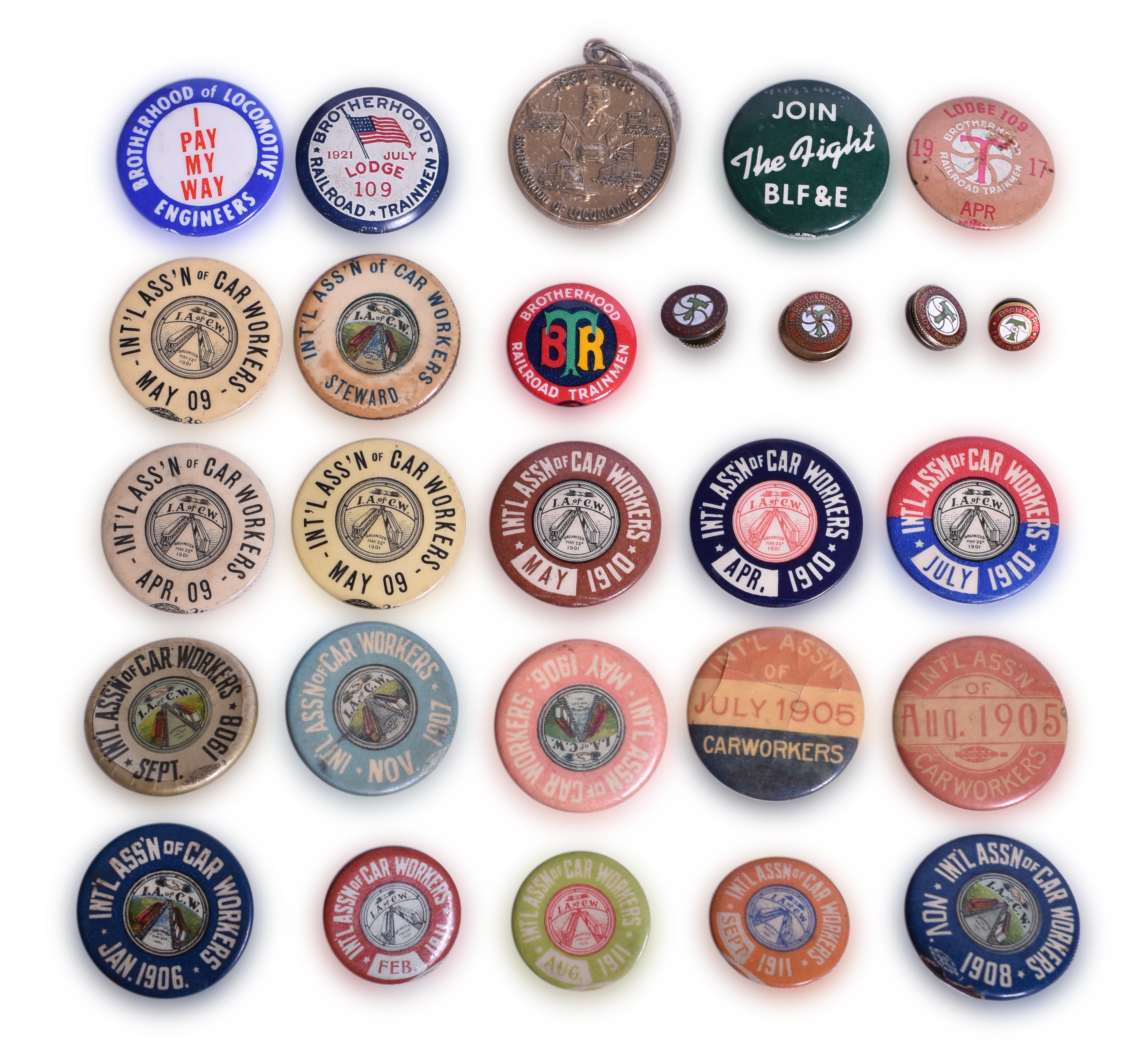 2155 - Twenty-Seven Railroad Union Buttons, Pins, and Keychain - Brotherhood and International Association of Car Workers thumbnail