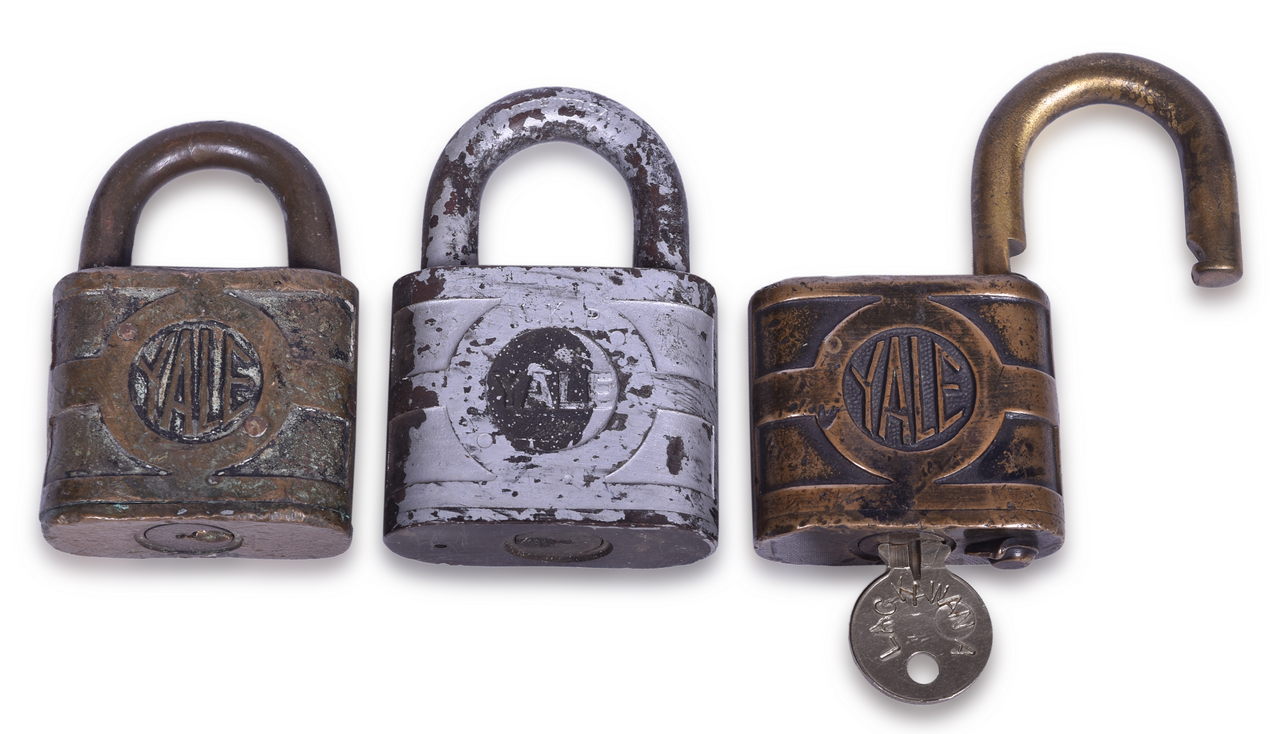 2162 - Three Yale Cast Brass Railroad Locks - Lackawanna, Buffalo Rochester & Pittsburgh, and Nickel Plate thumbnail