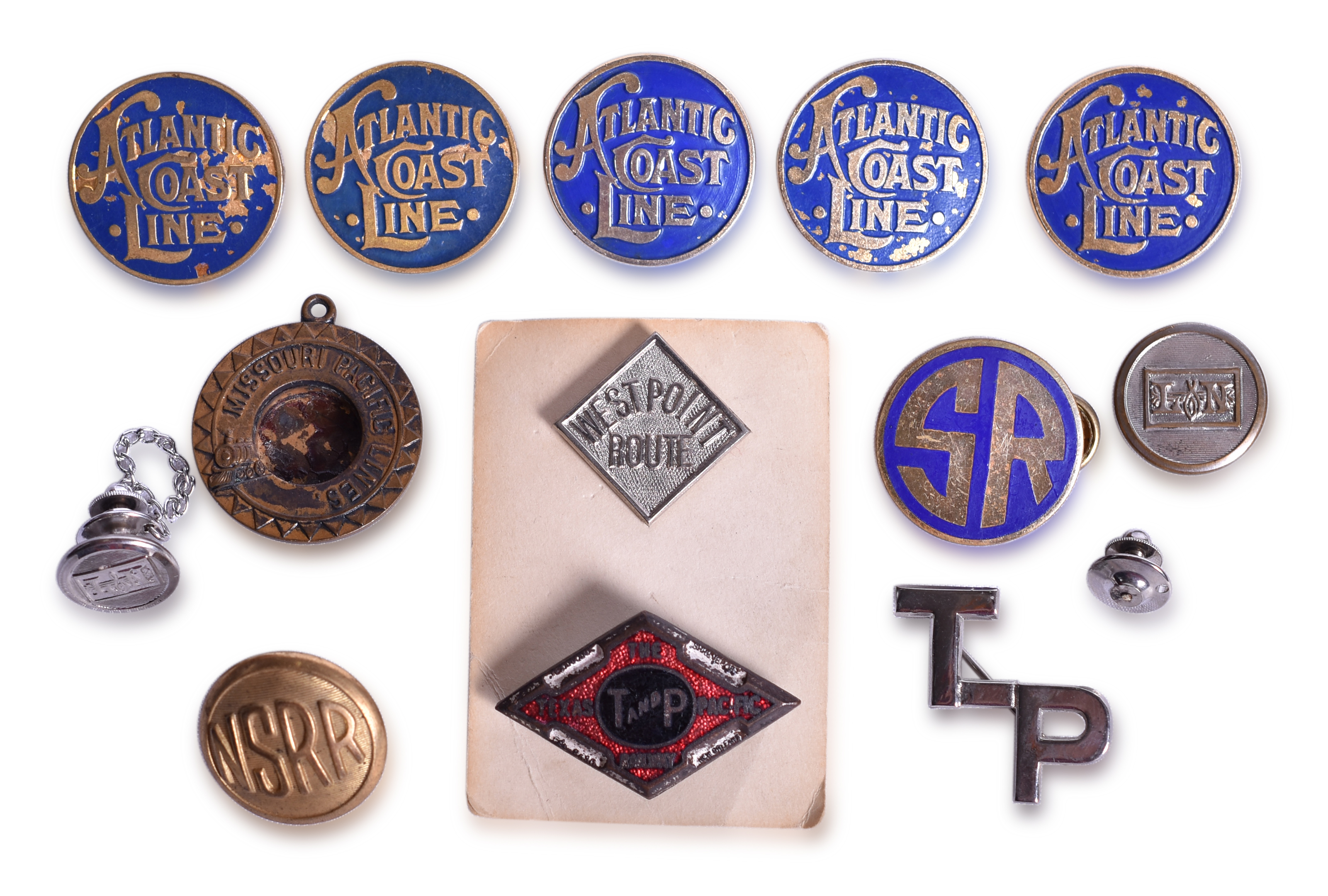 2171 - Group of Railroad Lapel Pins and Button - West Point Route, Texas & Pacific, Atlantic Coast Line, Southern, and More thumbnail