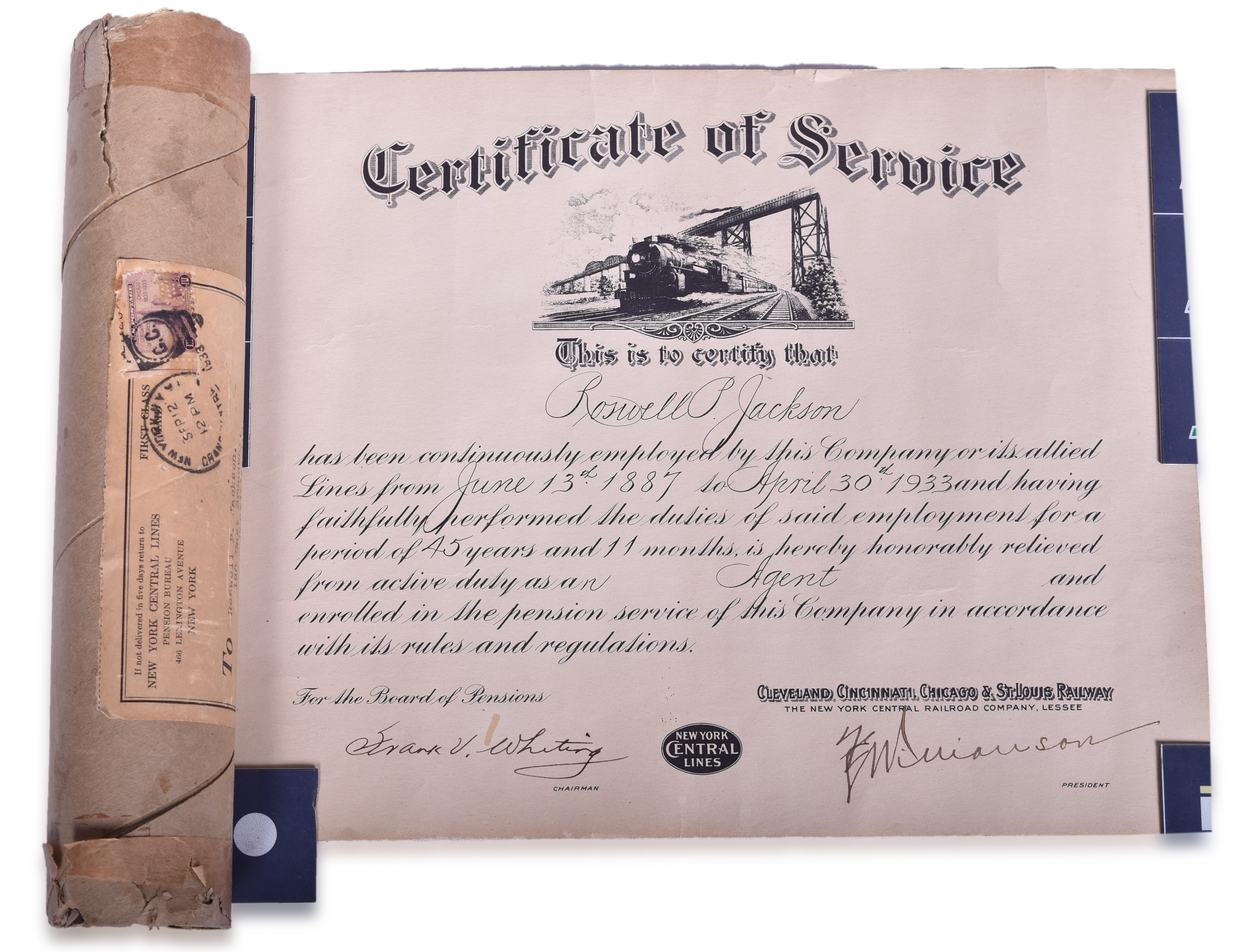 2176 - 1933 New York Central / Big Four railroad Retirement Certificate w/ Original Mailing Tube - Presidential Signed thumbnail