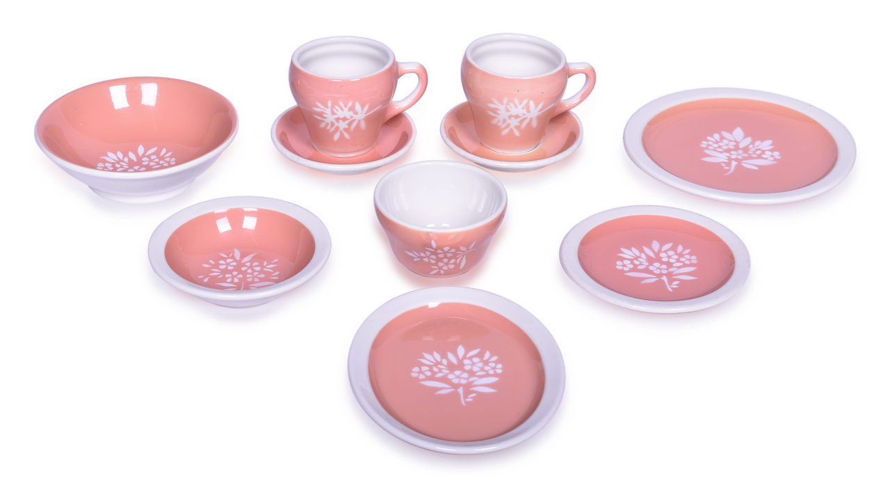 2185 - Ten Pieces of Illinois Central Railroad China Coral Coffee Cups, Saucers, Bowls, Plates, Bouillon Cup, and Oval Platter thumbnail