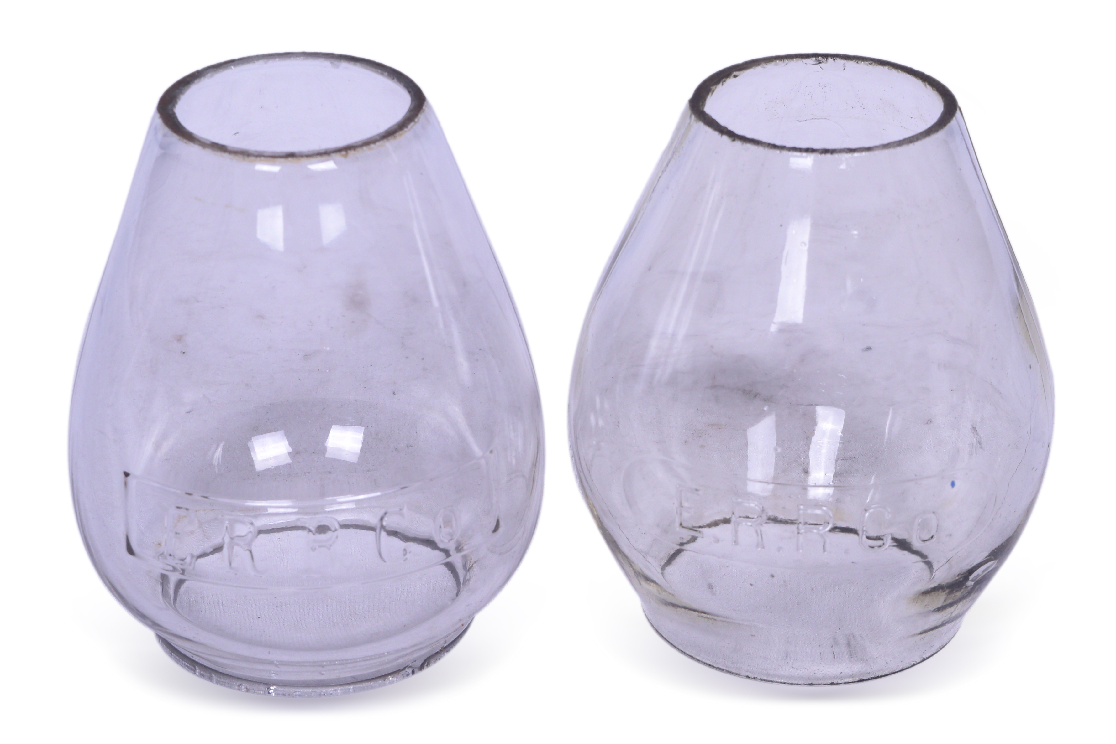 2190 - Pair of Erie Railroad Clear Cast Tall Lantern Globes - Serif Font thumbnail