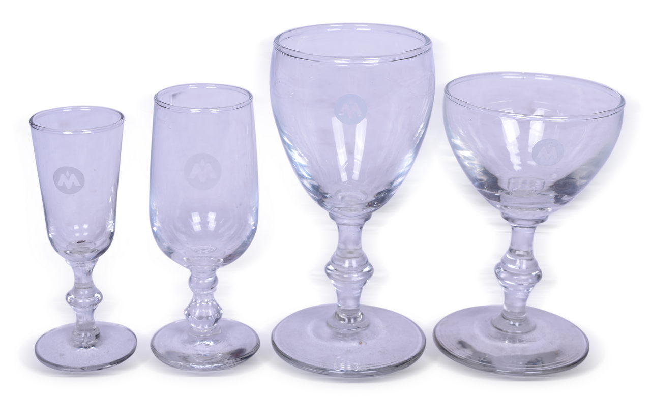 2195 - Set of Four Monon Railroad Stemmed Drinking Glasses - Wine, Champagne, and Cordial thumbnail
