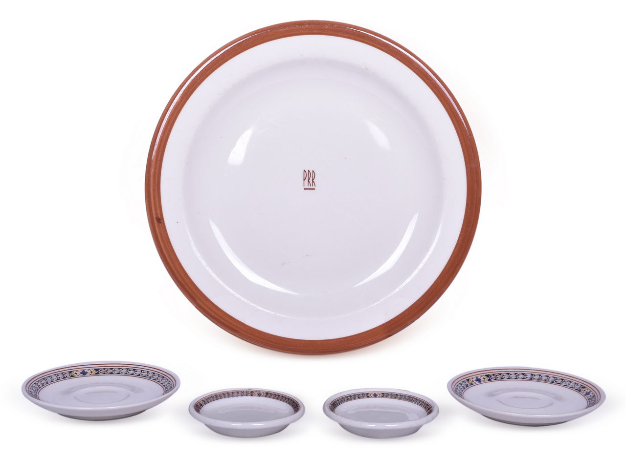 2205 - Five Pieces of Pennsylvania Railroad China Gotham Dinner Plate, Purple Laurel Butter Pats and Saucers thumbnail