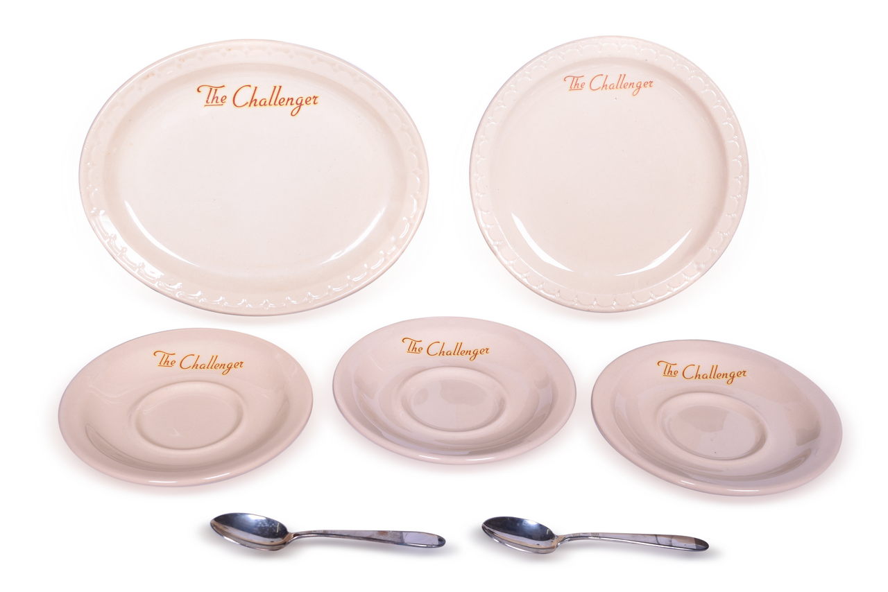 2207 - Seven Pieces of Union Pacific Railroad China and Silver - Challenger Plates, Saucers, and Demitasse Spoons thumbnail