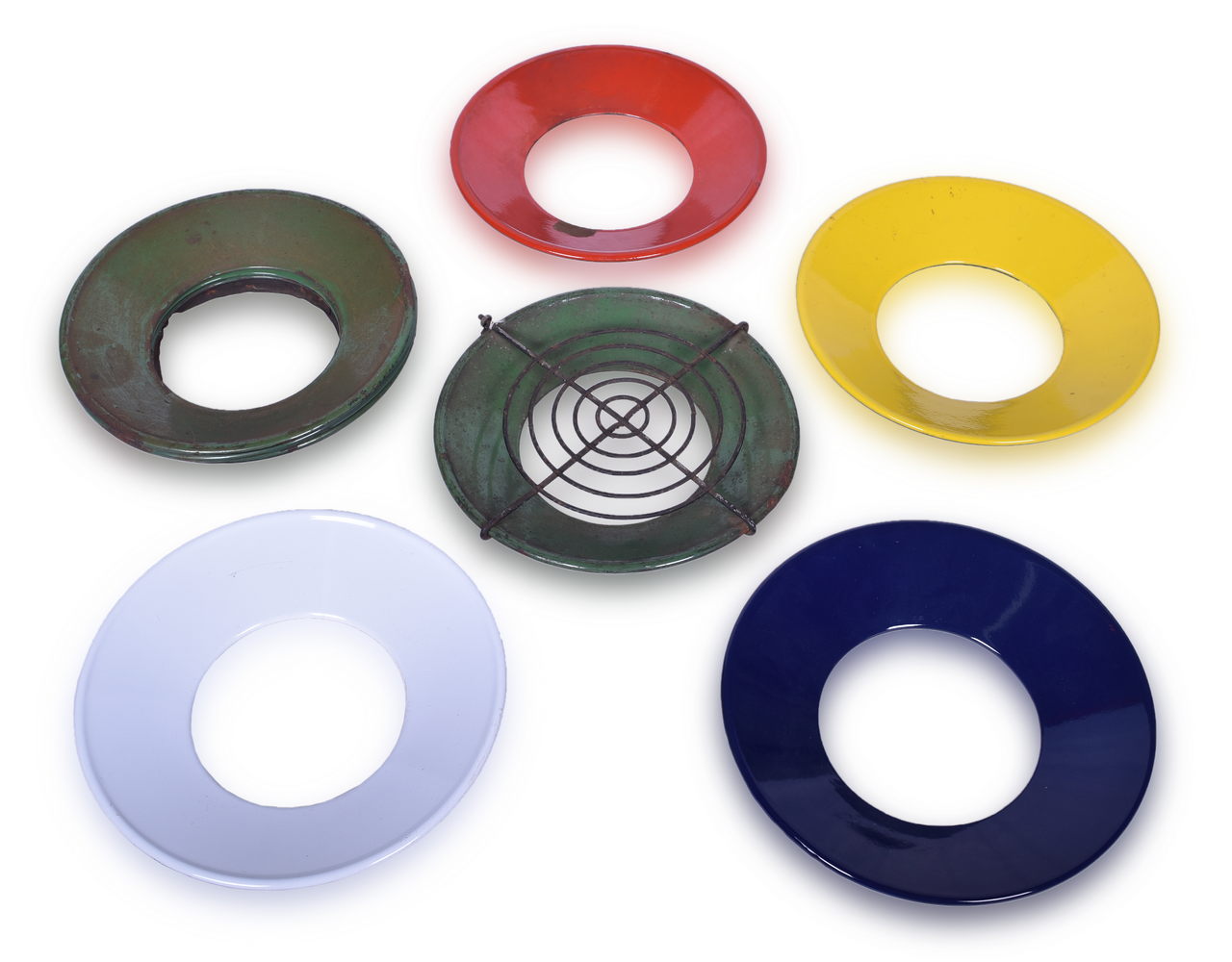 2216 - Eleven Green, Red, Yellow, White, and Blue Railroad Porcelain Switch Lamp Day Targets thumbnail