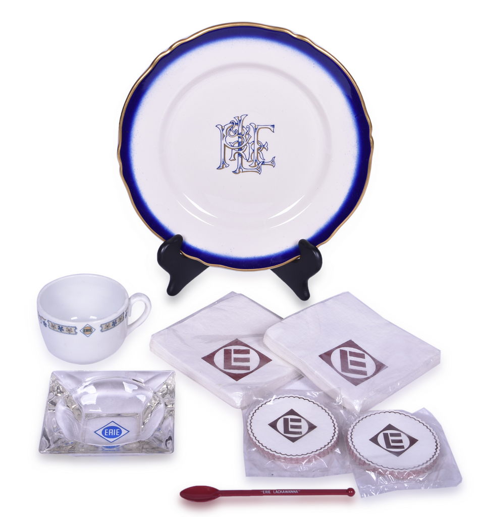2239 - Eight Erie and Pittsburgh & Lake Erie Railroad Dining Car Items - Sweetbriar Cup, York Plate, Glass Ashtray, Coasters, Napkins, Drink Stirrer thumbnail