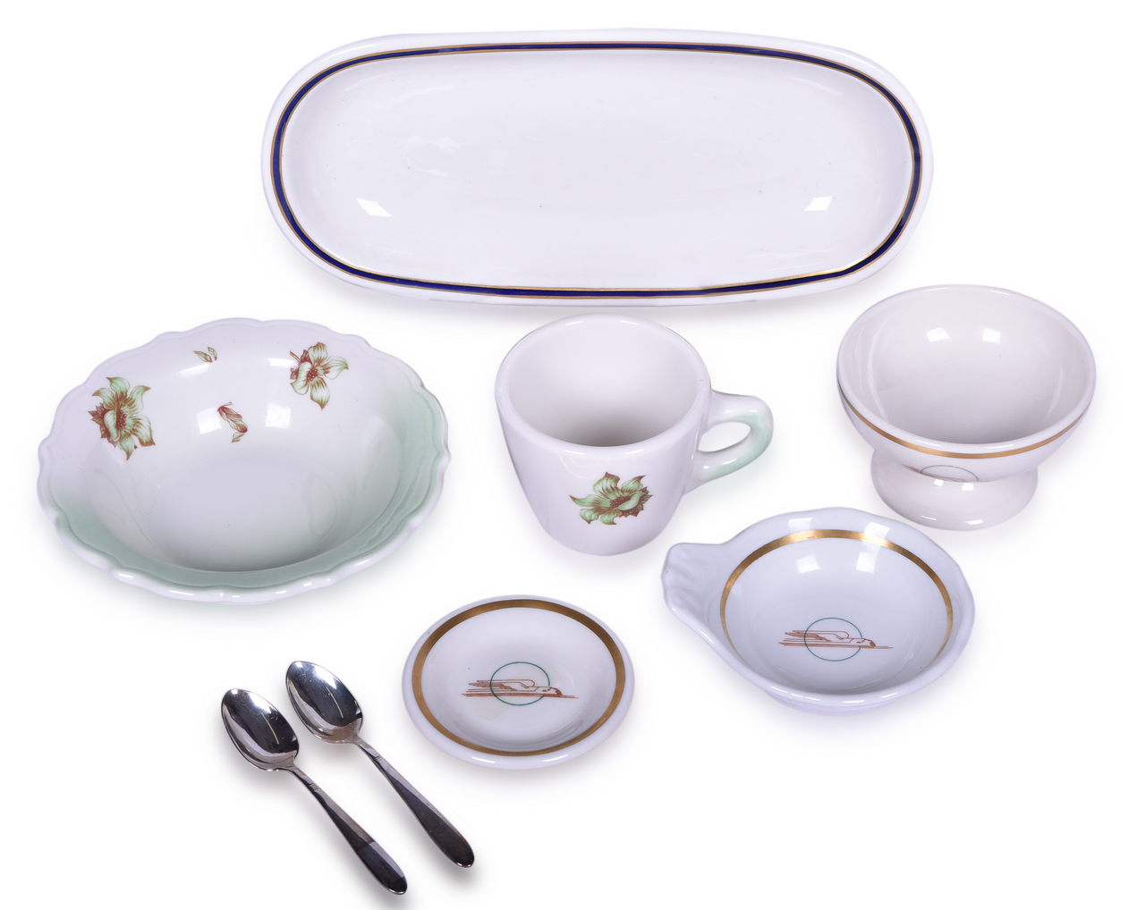 2241 - Eight Pieces of Union Pacific Railroad China and Silver - Desert Flower, Winged Streamliner, and Demitasse Spoons thumbnail