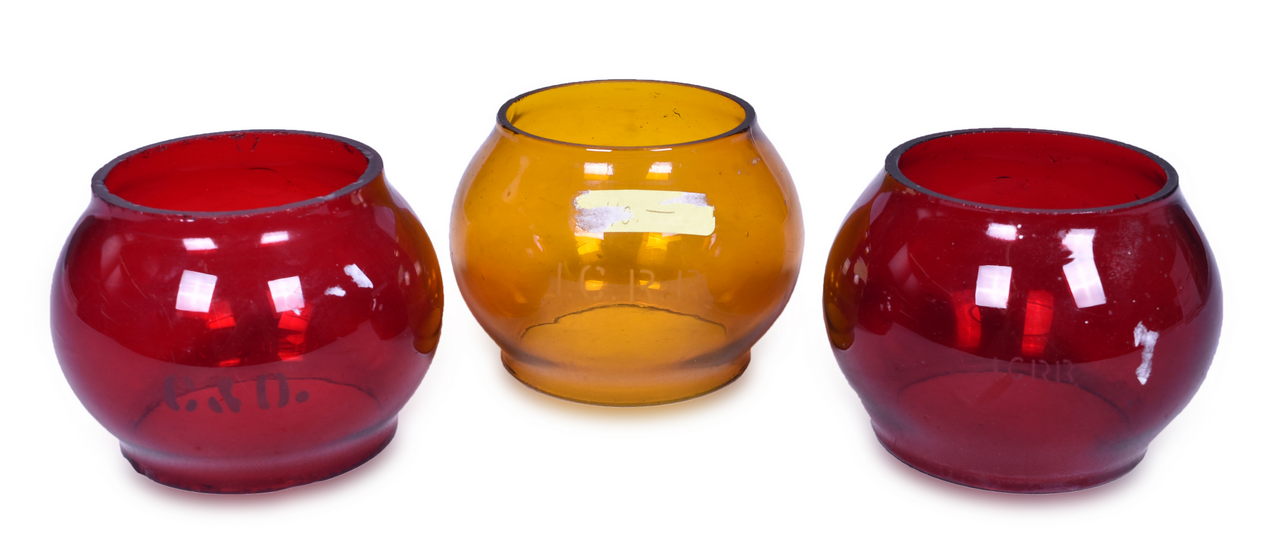 2282 - Three Railroad Lantern Short Globes - Illinois Central and Chesapeake and Ohio - Red and Amber thumbnail