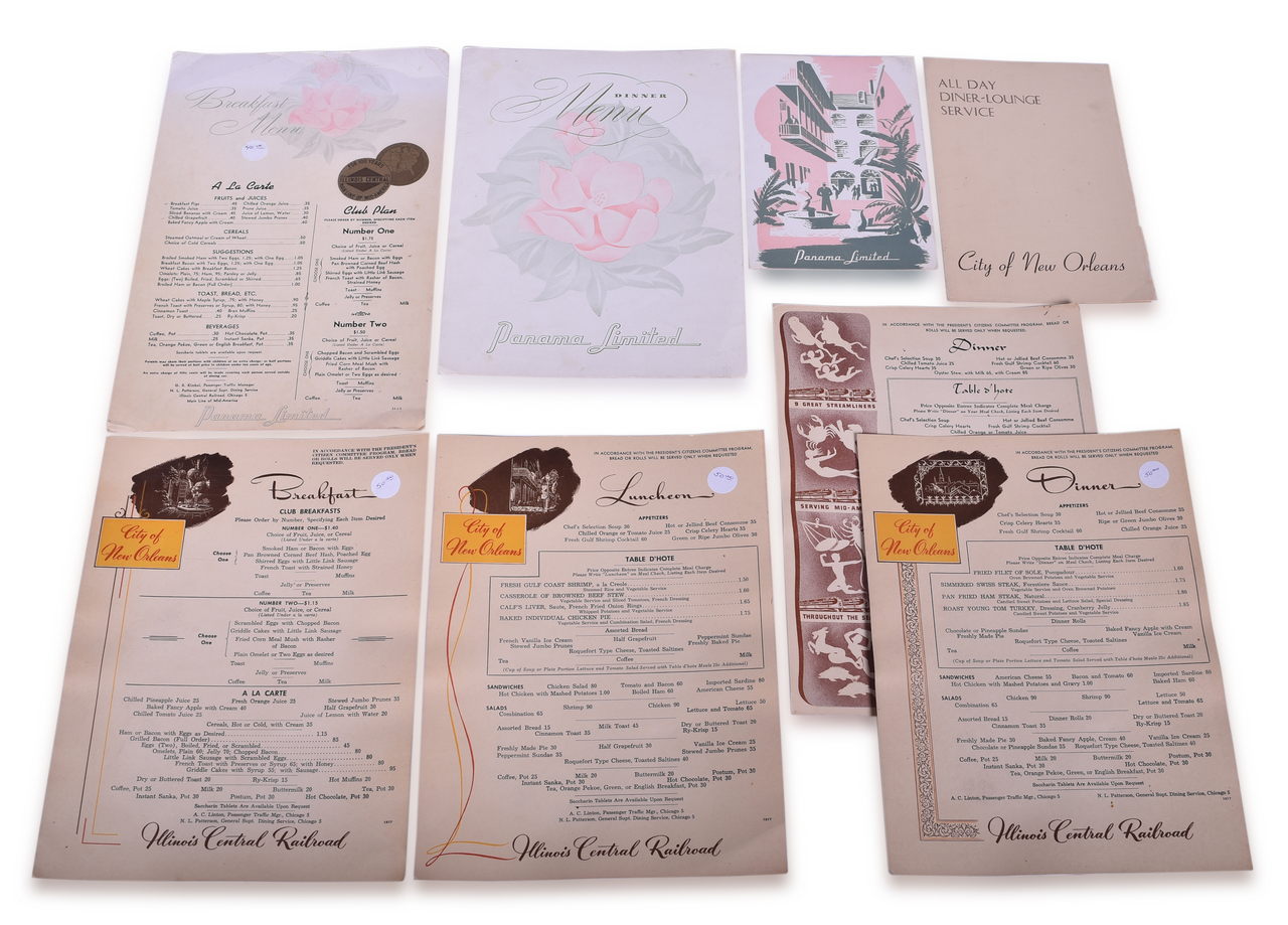 2287 - Eight Illinois Central Railroad Menus - Panama Limited, City of New Orleans, and 9 Great Streamliners Zodiac thumbnail