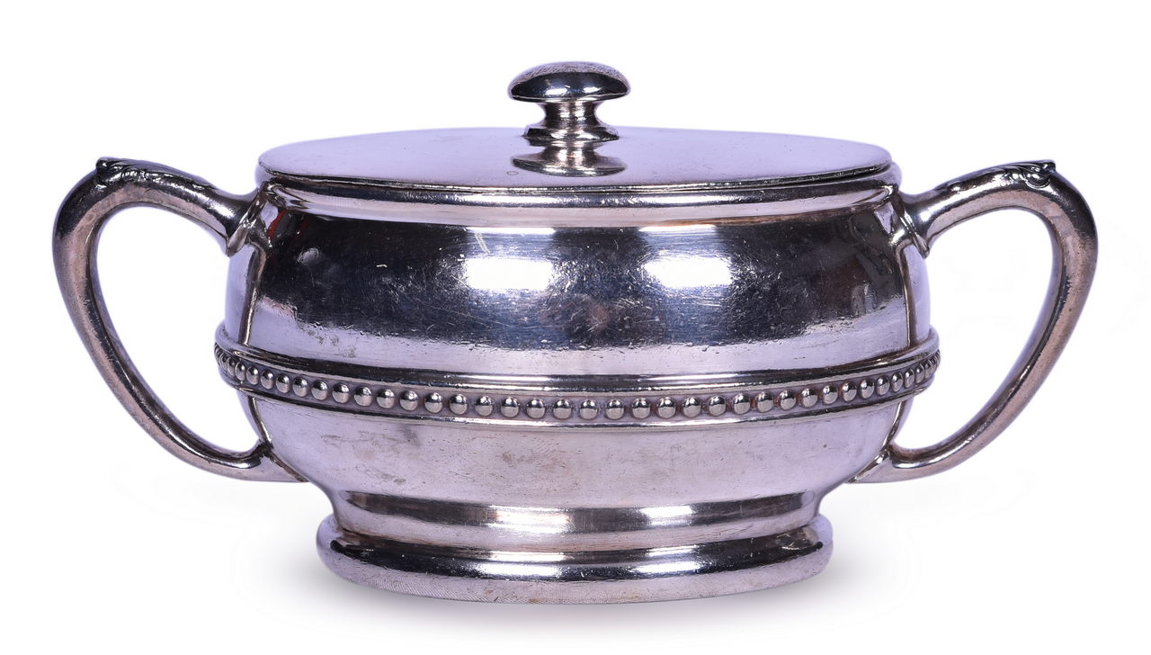 2289 - Reed & Barton Ohmer Railroad Dining Car Service Double Handled Sugar Bowl with Lid 14 Oz thumbnail