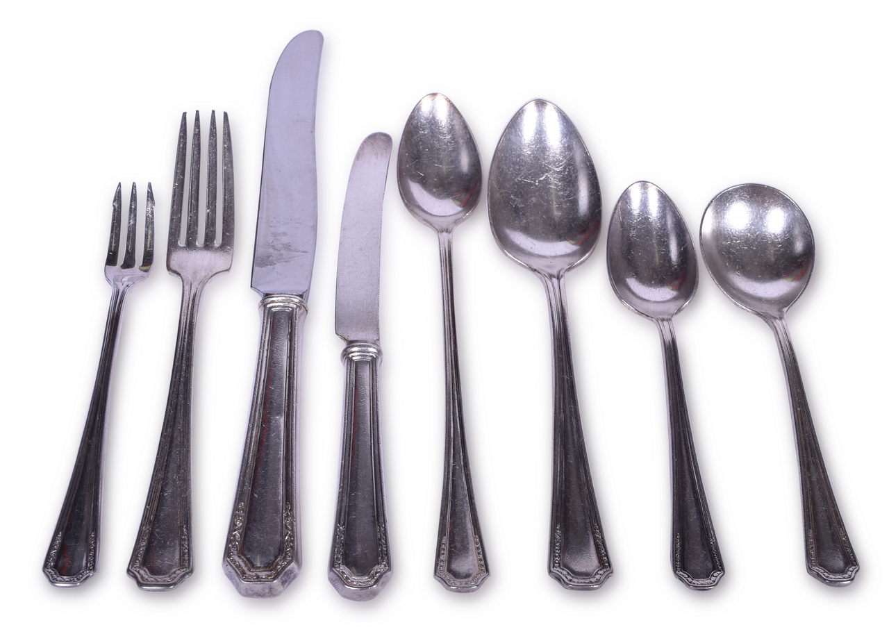 2293 - Eight Pieces of Wabash Railroad Silver Flatware - Ambassador Iced Tea Spoon, Bouillon Spoon, Cocktail Fork, Knives, and More thumbnail