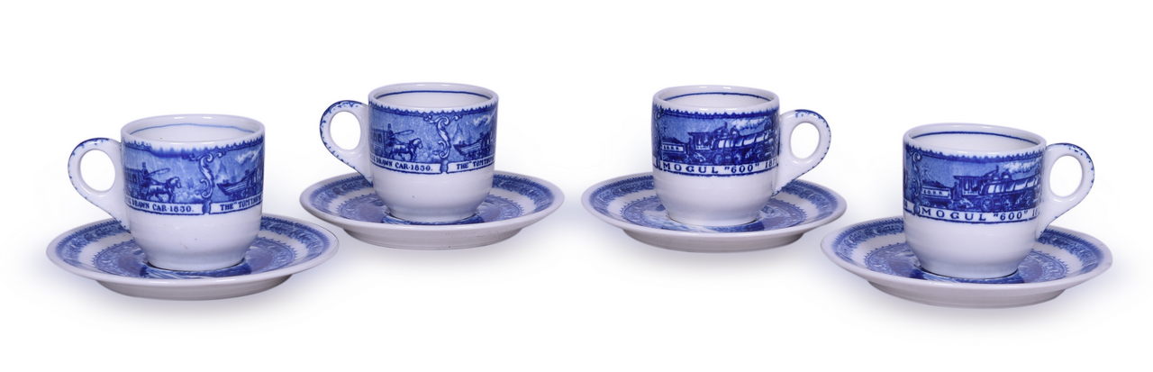2401 - Four Sets of Baltimore & Ohio Railroad China Centenary Hot Chocolate Blue Line Cups & Saucers thumbnail